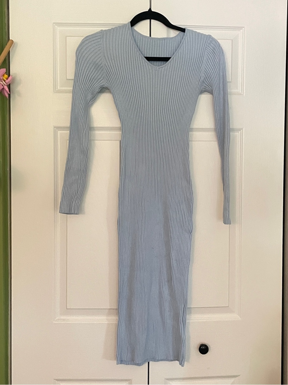 Ribbed V-Neck Long Sleeve Bodycon Dress - Light Blue
